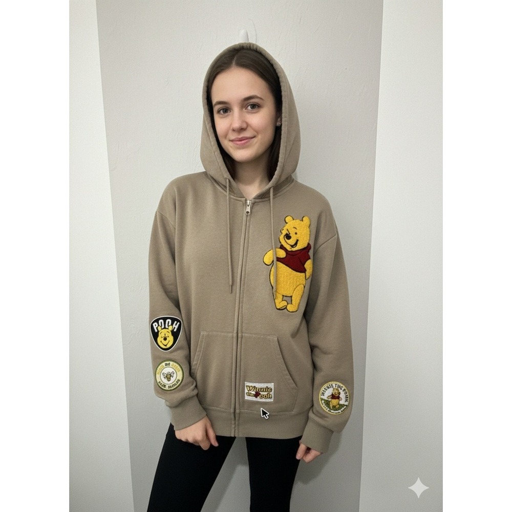 Disney Winnie the Pooh‎ Zip Up Hoodie Sand Chenille Patches Freeze Women Large